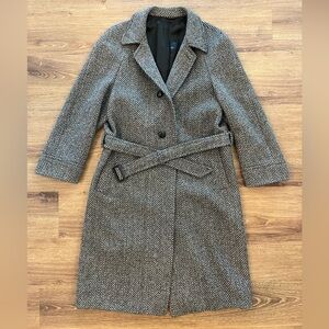 Vintage Tweed Balmacaan Grey Herringbone Belted Overcoat